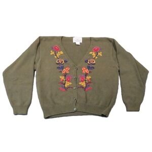 Vintage Embroidered Floral Cardigan L Olive V-Neck Button Autumn 90s Teacher